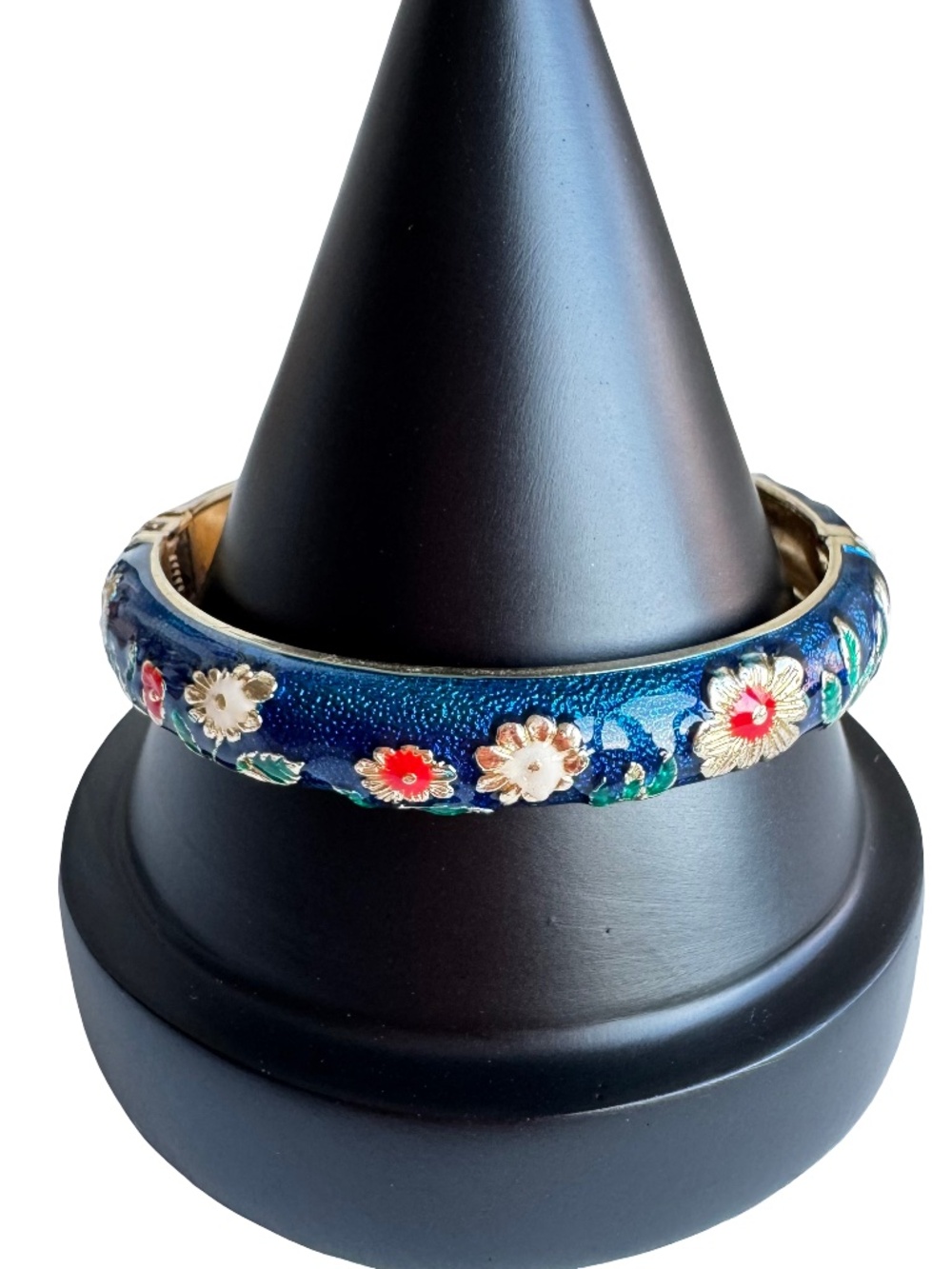 Blue Enamel Floral Hinged Bangle Gold Tone Bracelet Vintage Jiu Long Xing 58mm